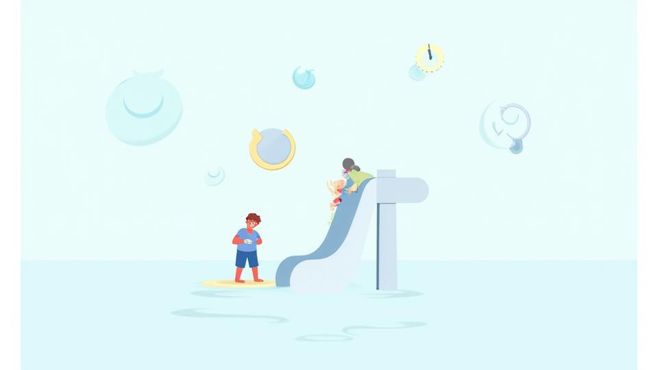 Illustration of a child safely playing on a water slide with safety icons around them