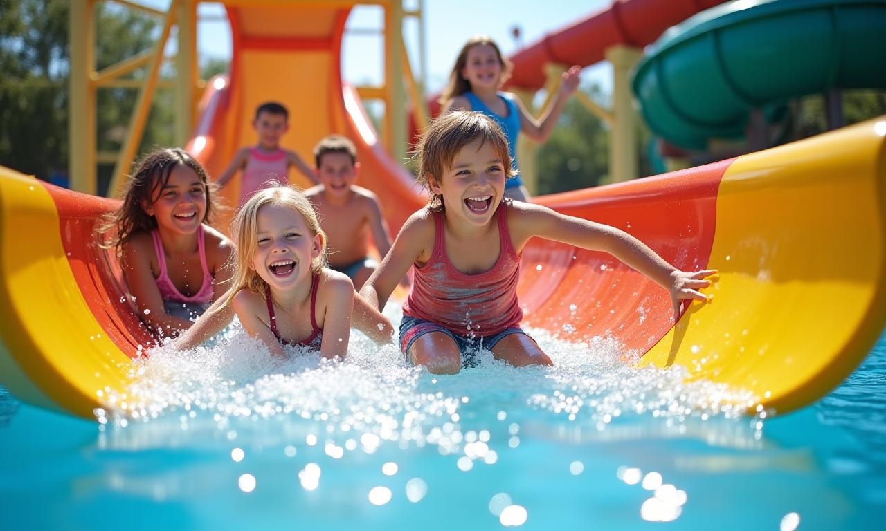 Children playing on a colorful, safe water slide with parents watching