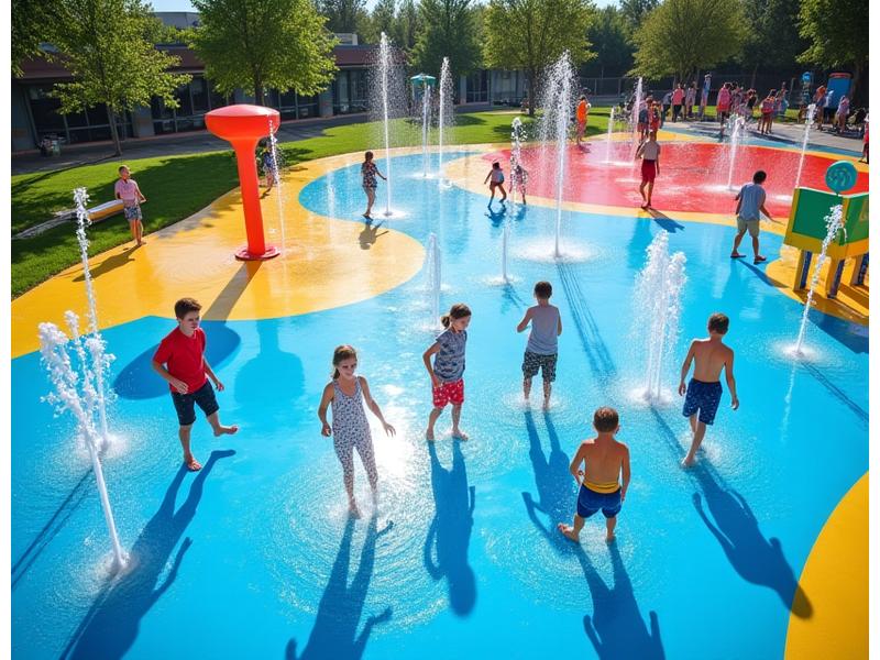 Vibrant community spray park with various water jets and play structures on a sunny day.