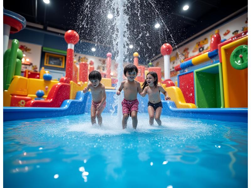 Indoor family entertainment center with an interactive water island and themed elements