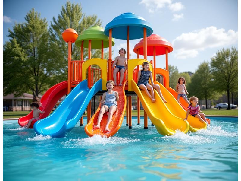 Colourful children's water slide structure in a municipal park