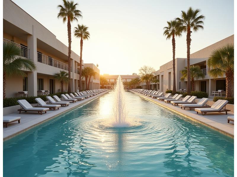 Luxury resort splash pad with modern water features and palm trees